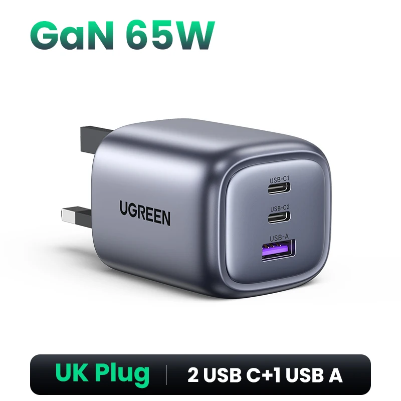 UGREEN-cargador rápido GaN con enchufe británico, 100W, 65W, para