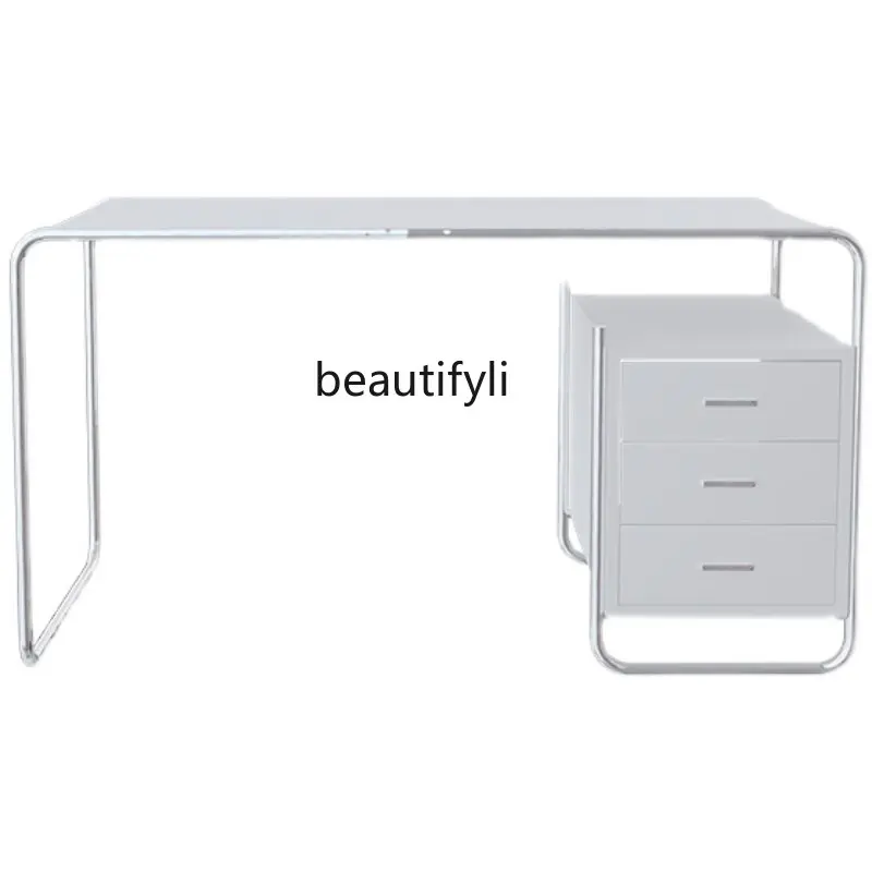 

Mid-Ancient Bauhaus Desk Light Luxury Stainless Steel Desk Home Bedroom Computer Office Table with Drawer furniture living room