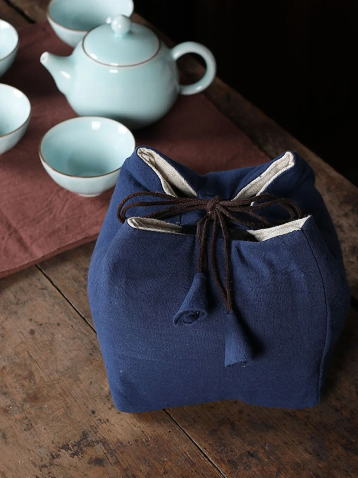 Portable Travel Tea Set Storage Bag Hemp Tea Cup And Pot Bag Zen Sle Japanese Design Handmade Pure Color Dining Utensils