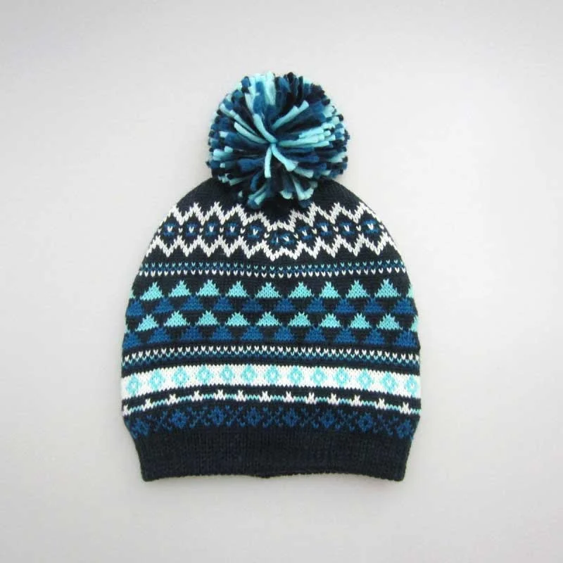 

Boys and Girls Winter Hat Ink Blue Triangle Caps Jacquard Knitting Wool Stocking Cap Bonnet Child Gift S M L