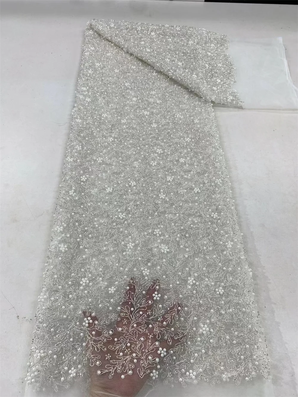 

White African Lace Fabric High Quality Handmade Bead Lace Fabric 5 Yards Nigeria On Sale Women Evening Dress For Woman Wp12-3
