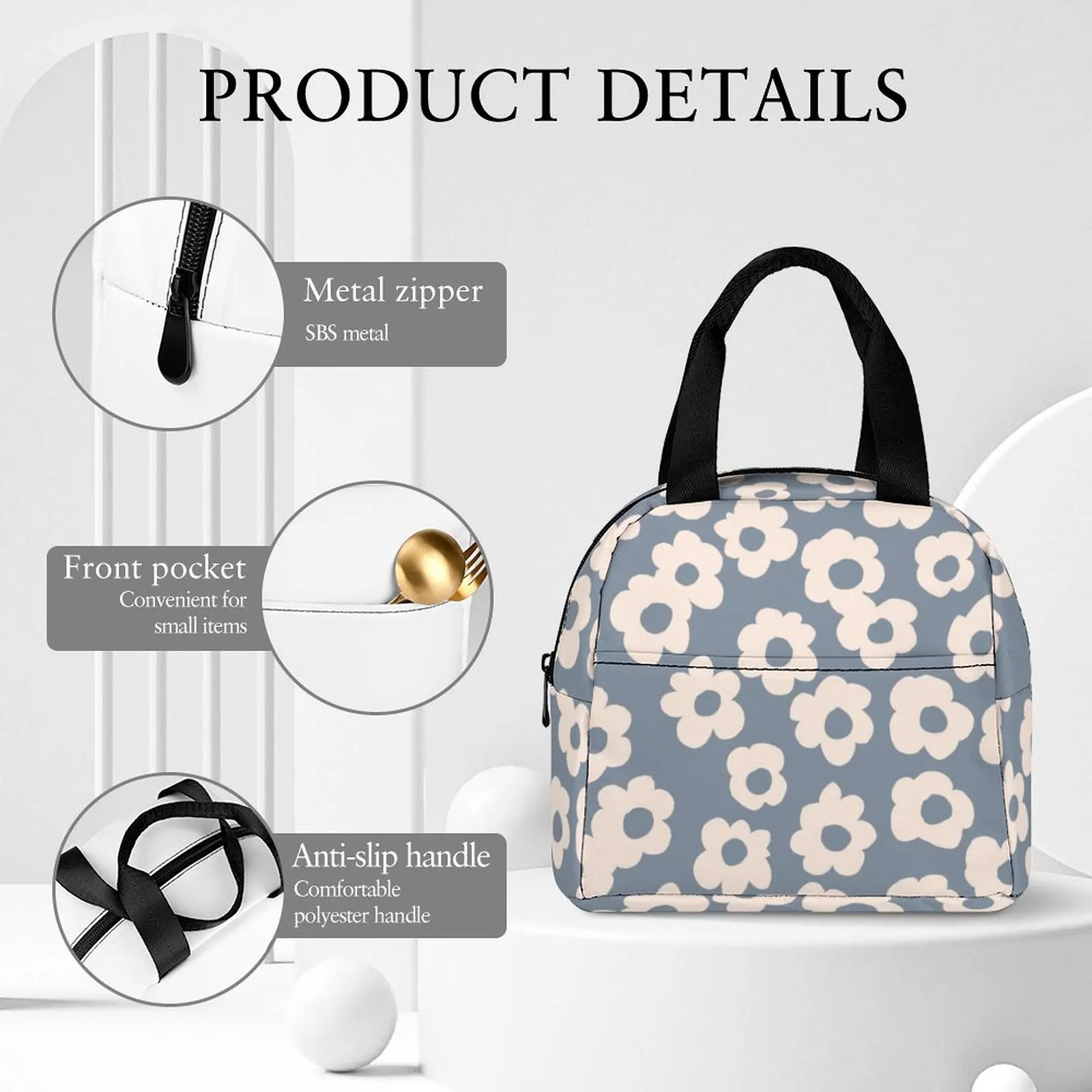 Custom Pattern Tote Lunch Bags for Women Beautiful Flowers  Print Portable Meal Bag Picnic Travel Breakfast Box Office School