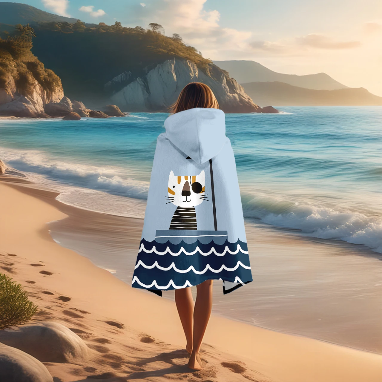 1pc Cartoon Cat Pirate Digital Printing Adult Towel Hooded Bathrobe Quick Dry Skin-friendly Soft Terry Cloth Beach Pool Bathroom