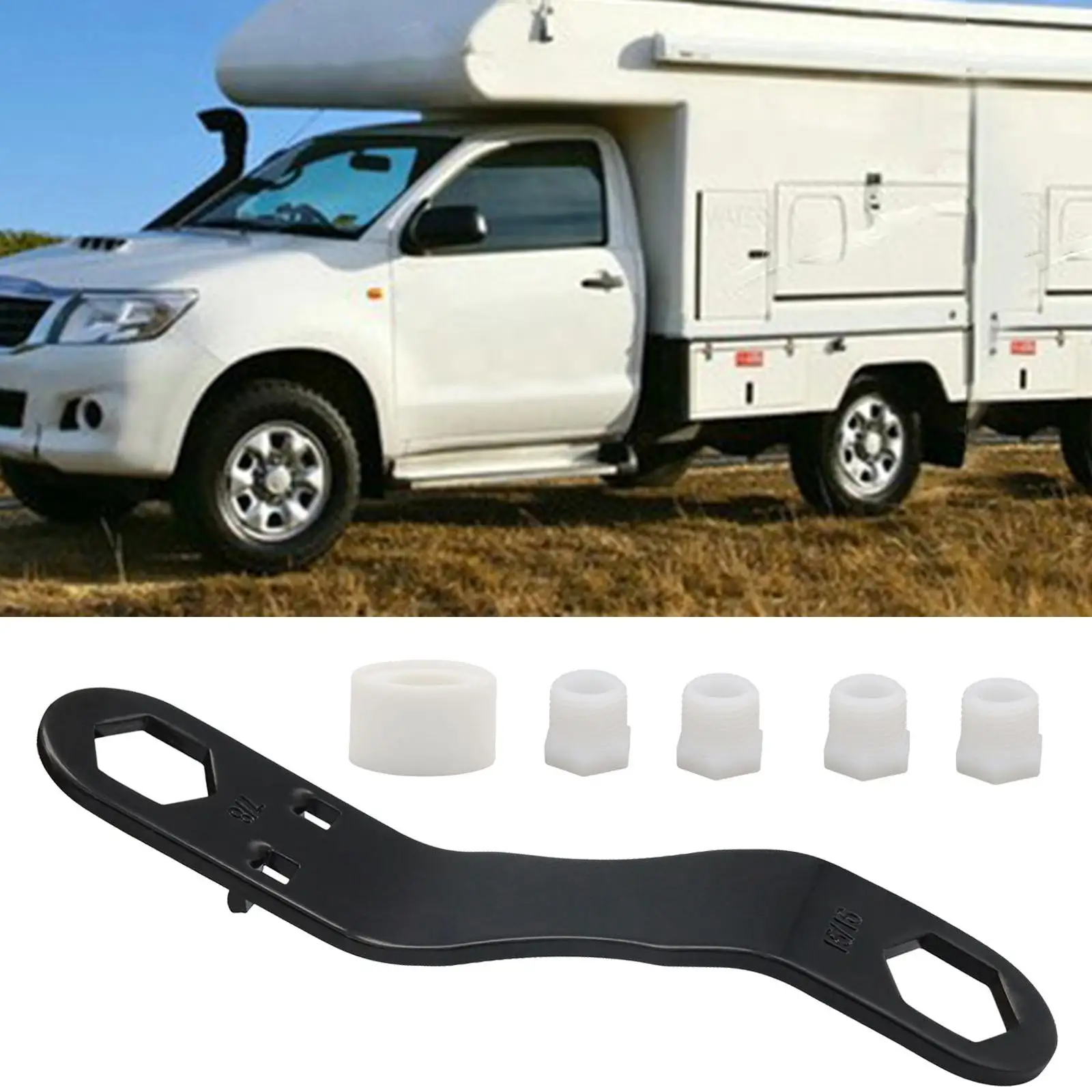 

RV Heater Drain Plug Kit 1 Roll PTFE Tape Angled Wrench 1/2" NPT RV Heater Water Plugs for 7/8" 15/16" Drain Plugs