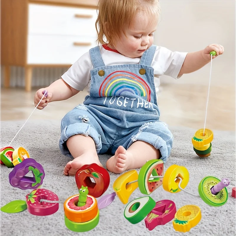 Wooden Animals Caterpillar Eat Fruits String Threading Beads Montessori Toddler Preschool Activities Lacing Toys for Kids 6