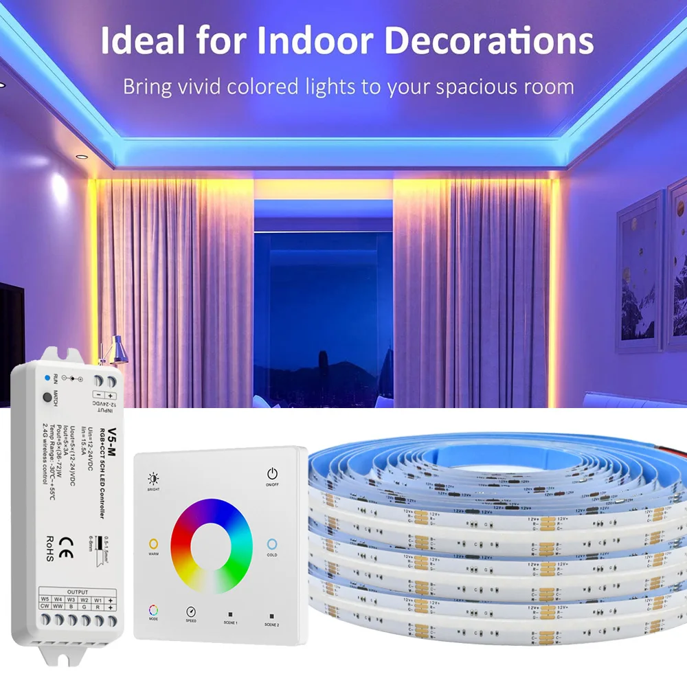 5M 10M 20M 24V COB RGB + CCT LED Strip ยืดหยุ่นหรี่แสงได้ตู้ Liner Light ตกแต่งห้องนอน 2.4G RF Touch Panel รีโมทคอนโทรล 1
