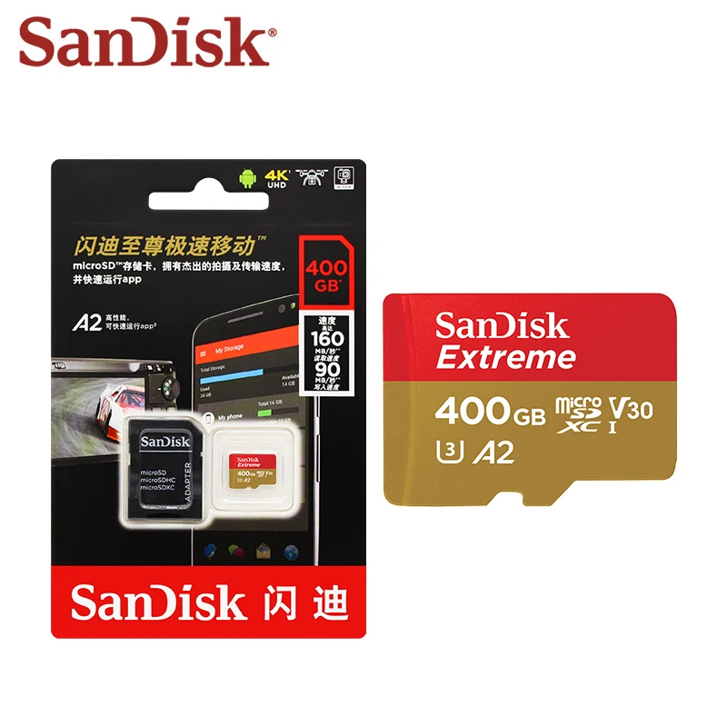 Sandisk-extreme Micro sd Card Cartão de Memória Original tf Flash Card 400gb a2 V30 u3 Navio Livre