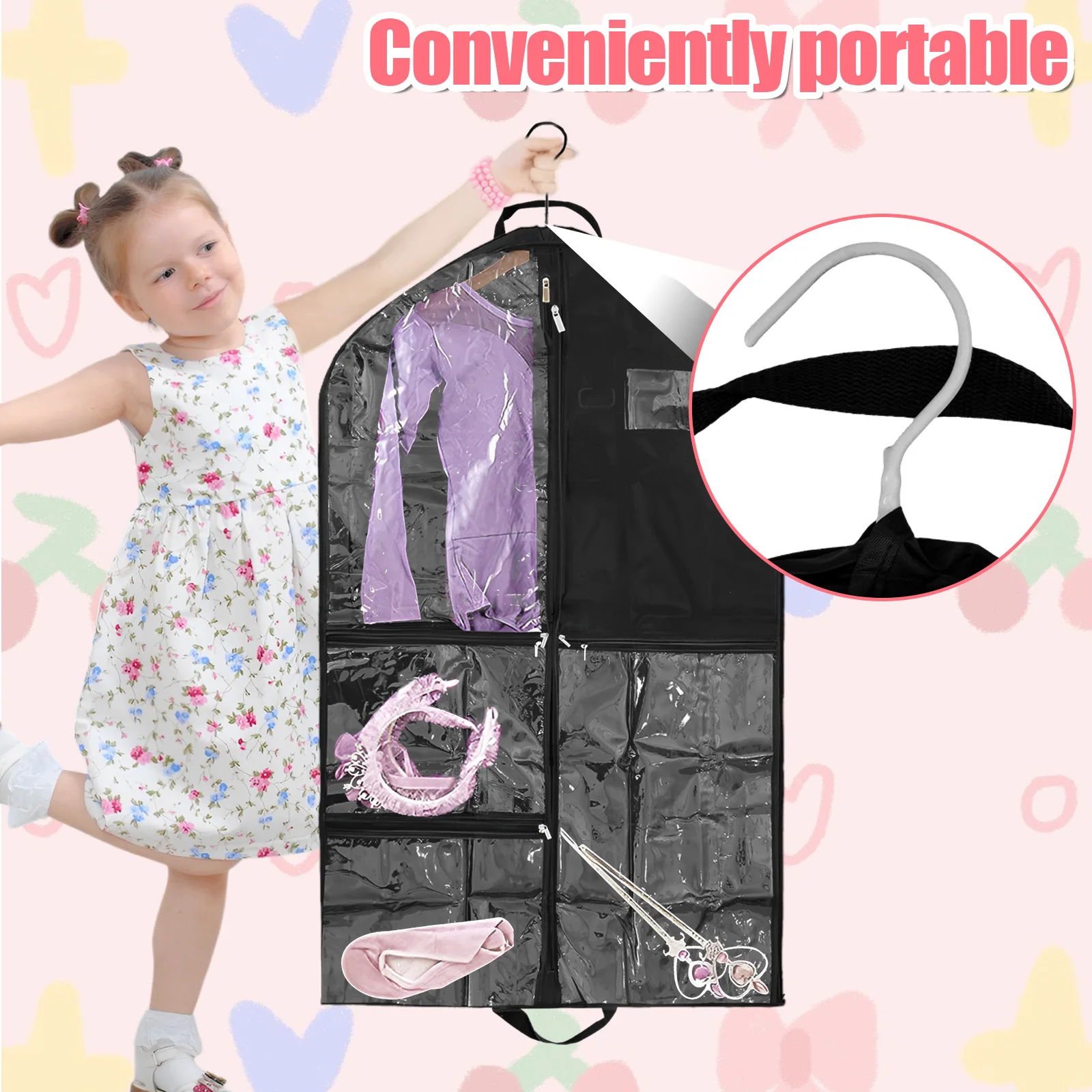 2Pcs Kids Garment Bag Dustproof Clothes Storage Bags Breathable Dance Recital Bag with 6 Pockets Garment Protector Kit for Home