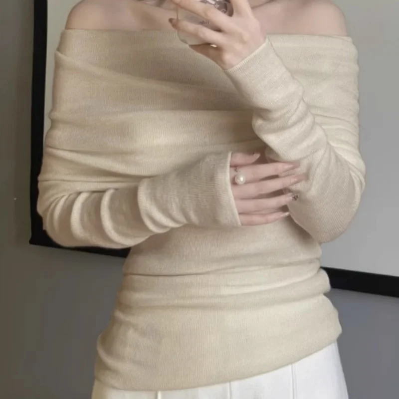 Women Long Sleeve Off Shoulder Knitted Sweater