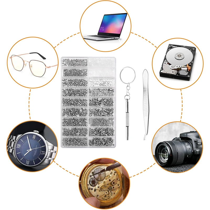 트위저 스크루 드라이버 포함 안경 나사 수리 키트, 소형 미니 나사 너트 모음, 안경 수리 코 패드, 1200 개