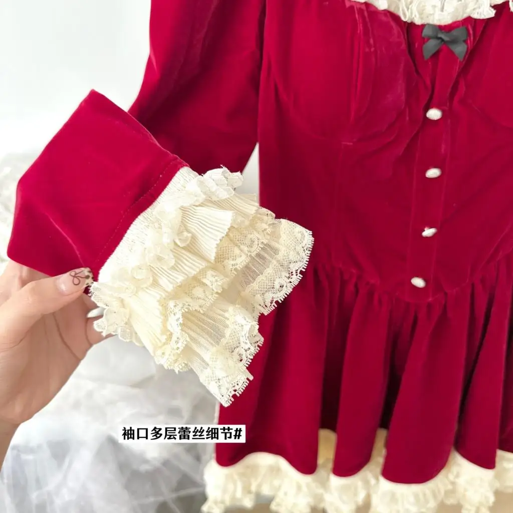 Elegant Velvet Lace Ruffles Patchwork Short Dresses for Women Long Sleeve A-line Korean Fashion Christmas Birthday Party Dress