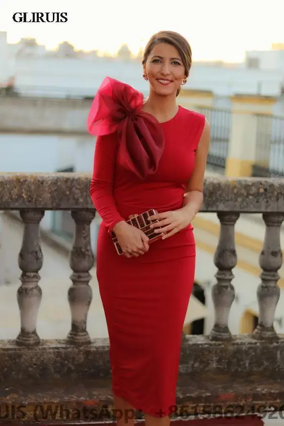 

Red Mother of The Bride Dresses for Wedding Party Gown with Bow on Single Long Sleeves Tea Length