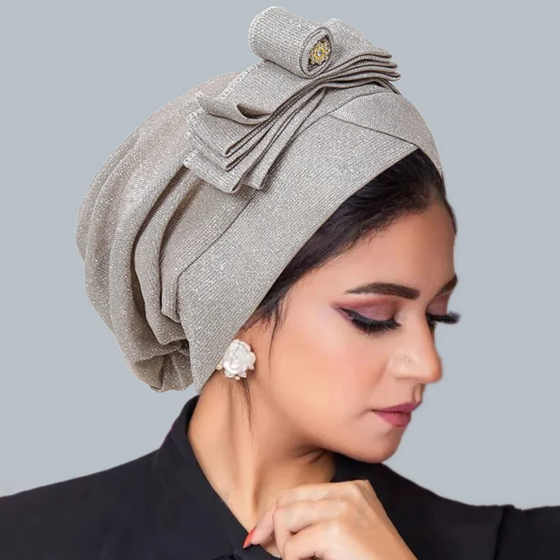 KepaHoo Beautiful Women Shiny Bowknot Beanies Muslin Ruffled Turban Hijab Headscarf Wrap Hair Cover Bonnet Cap Hat Headwear 2