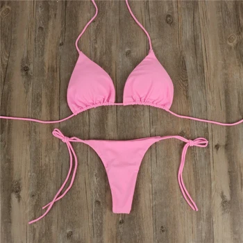 New Women Sexy Hanging Neck Thong Bikini Set Side Tie Swimsuit Bandage Style Split Strap Solid Adjustable Ladies Swimsuit Set 1