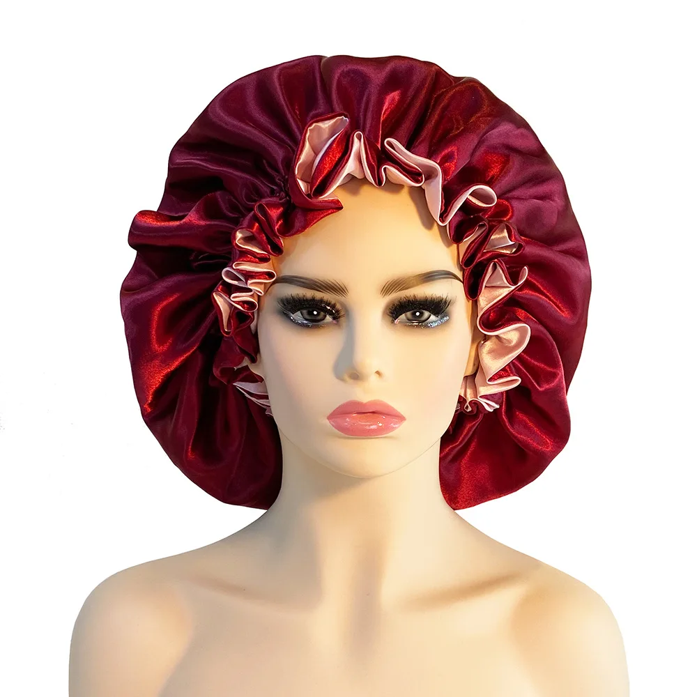 

Double Color Ding Nightcap Women Cuffed Wooden Ear Edge Bath Hat Lady Floral Edge Home Boneet Cap Large Ladies Princess Hats