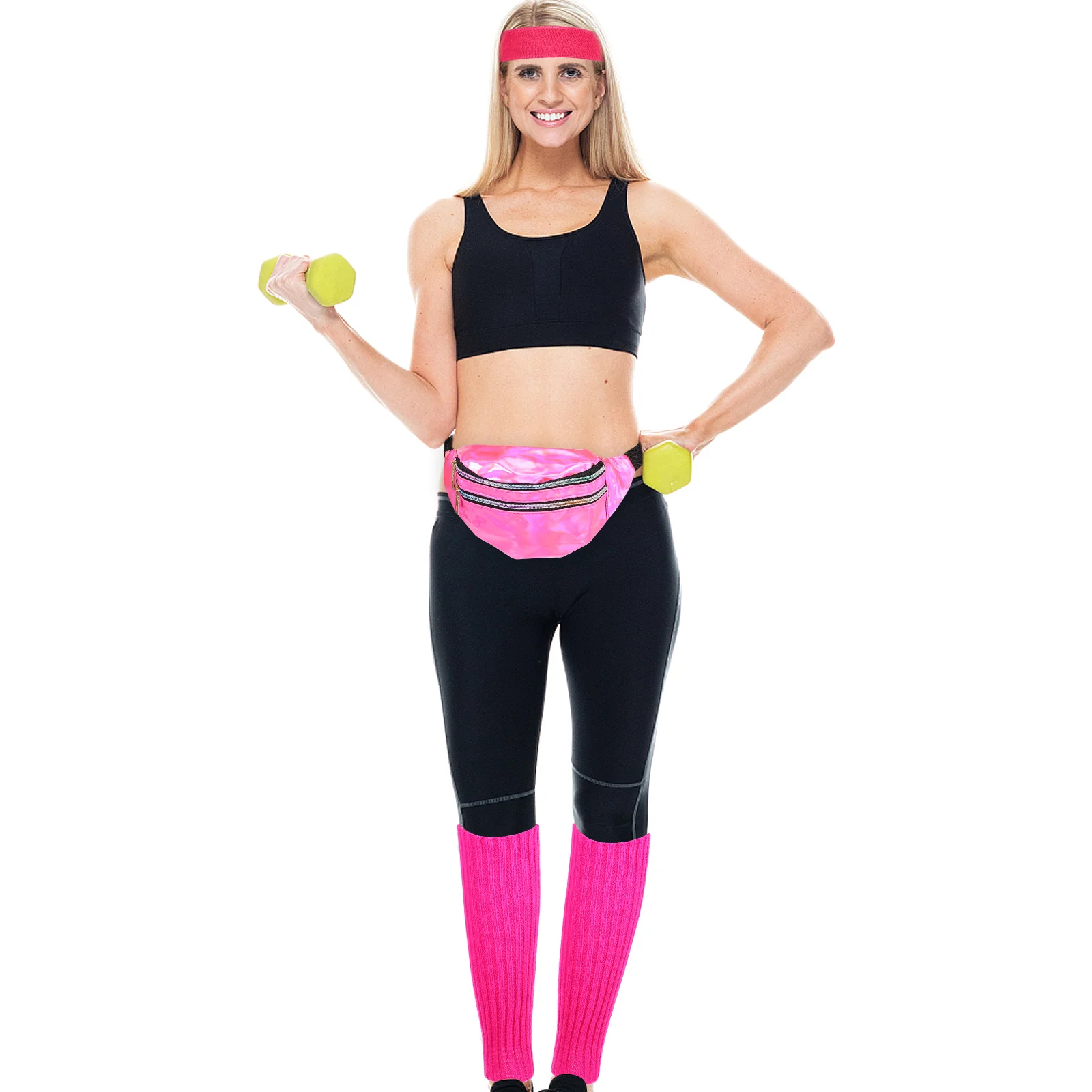 Retro 80S Women Costume Accessories Set Neon Fanny Pack Leg Warmers Headband Sweat Bands Sports Headwear Pu Arm Band