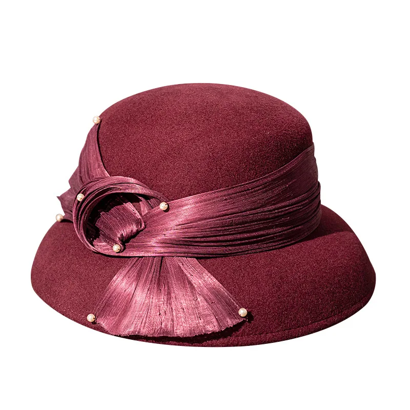 

2023 New Formal Hats Winter Pure 100% Wool Felt Fedora Hat Wine Red Pearl Wool Mother Gift Lady Top Grade Wedding Banquet