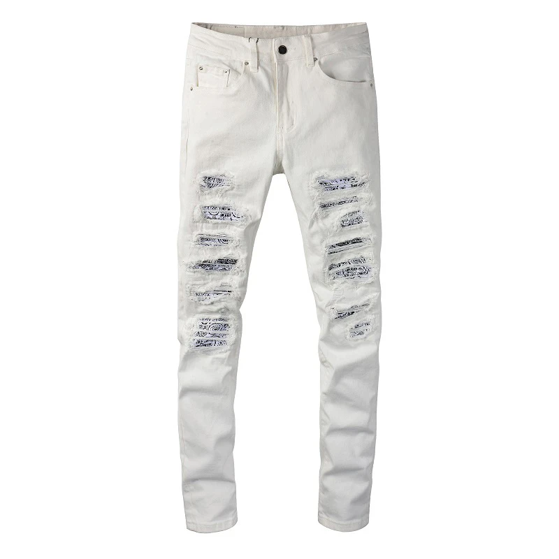 Männer Paisley Bandana Print Biker Streetwear Patchwork zerrissene weiße Stretch Jeans hose dünne konische Hose| | - AliExpress