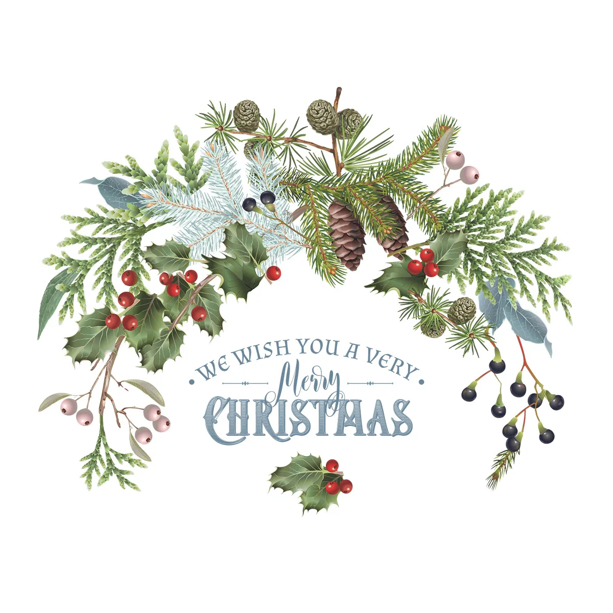 Christmas "Merry Christmas" Pine Branch Greenery Window Wall Sticker 32x39cm Holiday Glass Decal (XMAS010)