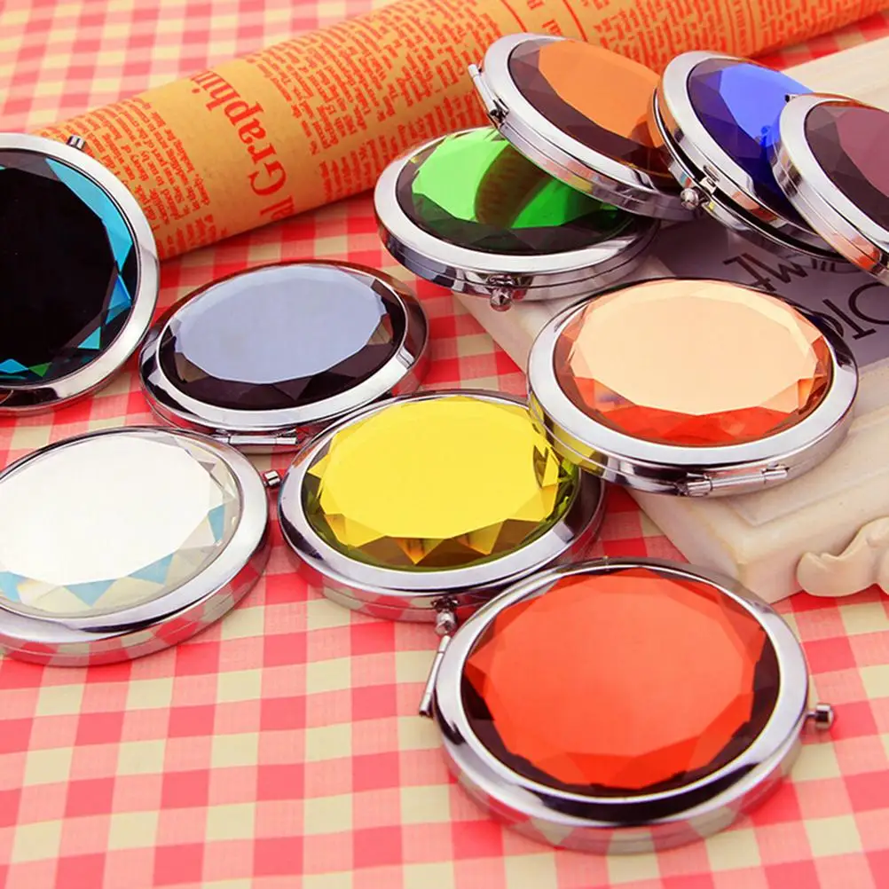 Portable Cute Crystal Metal Pocket Mirror Makeup Fold Round Crystal Compact Mirror Personalized Wedding Gifts