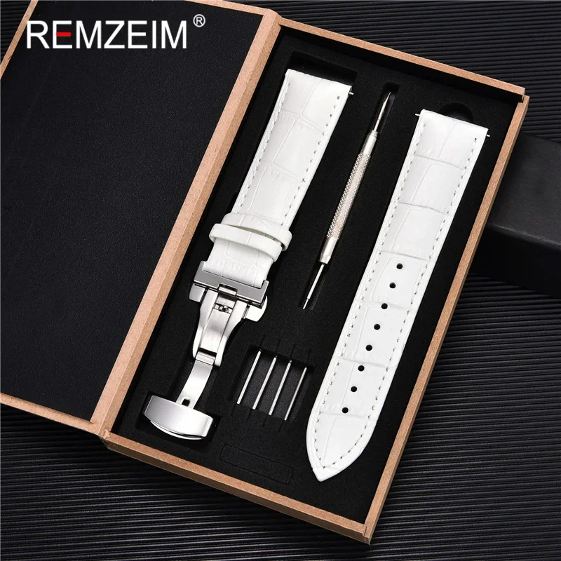 Premium Genuine Leather Watch Band with Stainless Steel Butterfly Clasp and Tool Set