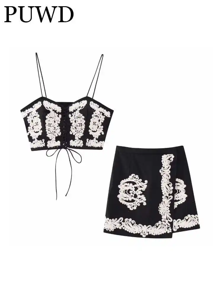 

PUWD Women Fashion Frenulum Short Camis And Elastic Waist Mini Skirts 2023 Summer Vintage Embroidery Female 2PC Sets Mujer