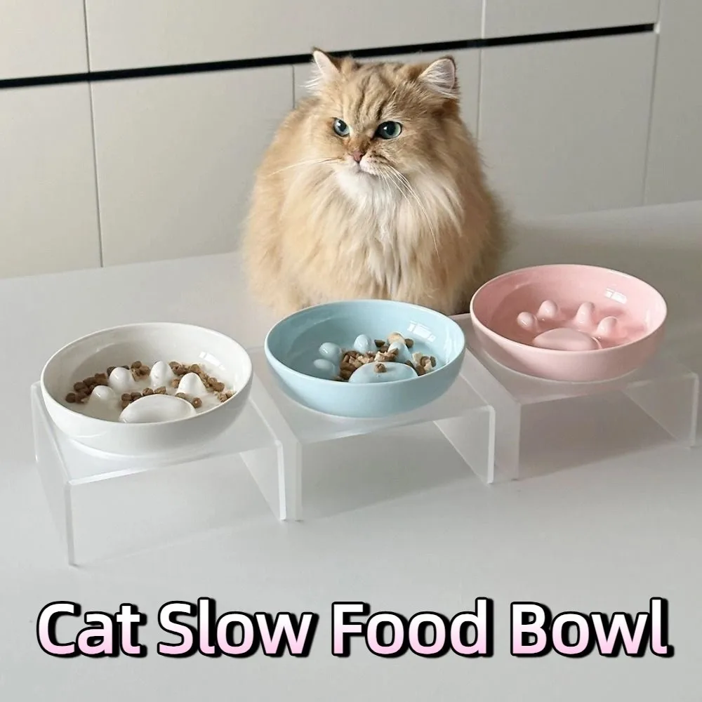 Ceramic Cat Food Water Bowl Non-Slip Anti-flip Cat Slow Food Bowl Anti-vomiting with Acrylic Stand Pet Feeder Bowl