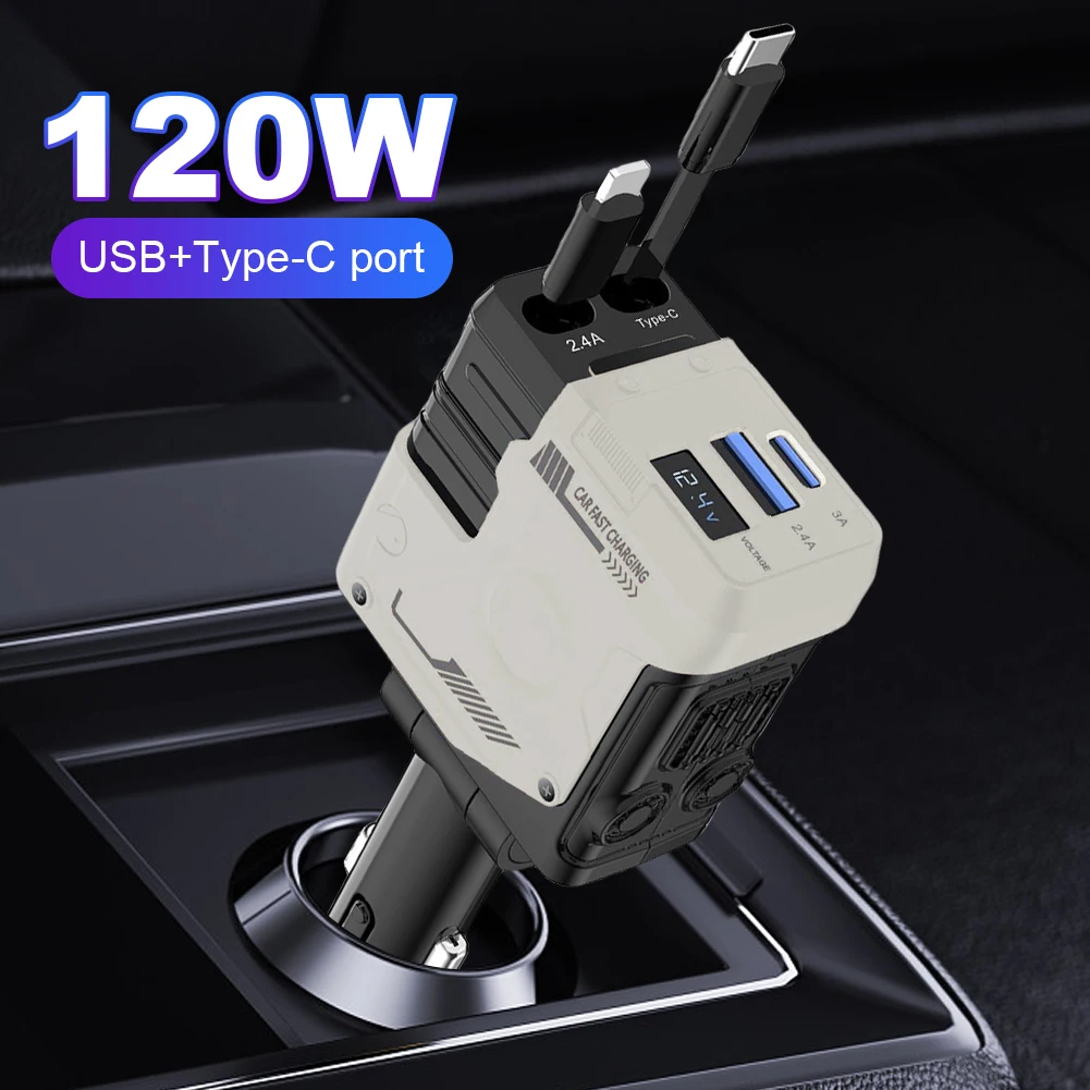 4 in 1 Retractable Car Charger USB C Car Charger Adjustable Angle Fast Charging Adapter Car Adapter for IPhone/Samsung/Huawei