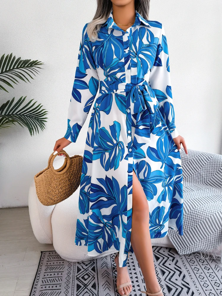 

Women's Dress Summer 2023 New In Loose Casual Turn Down Collar Long Sleeved Flowers Lapels Lace-up Long Dresses Female Clothing