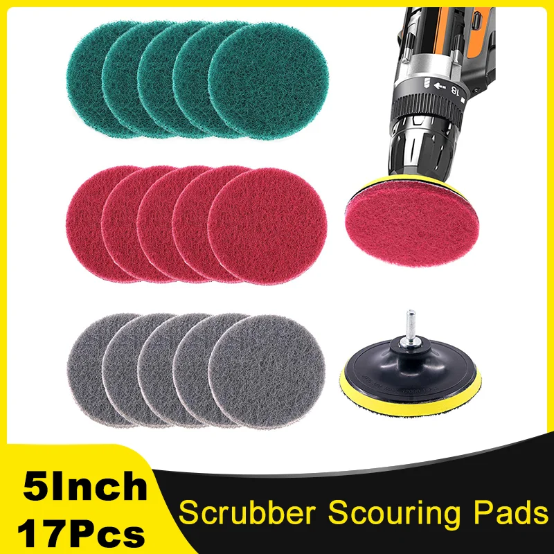 17 Pcs 5 Inch Scrubber Scouring Pads Cleaning Kit with Backing Pad for Car Kitchen Tiles Tubs Glass Stone Porcelain Cleaning