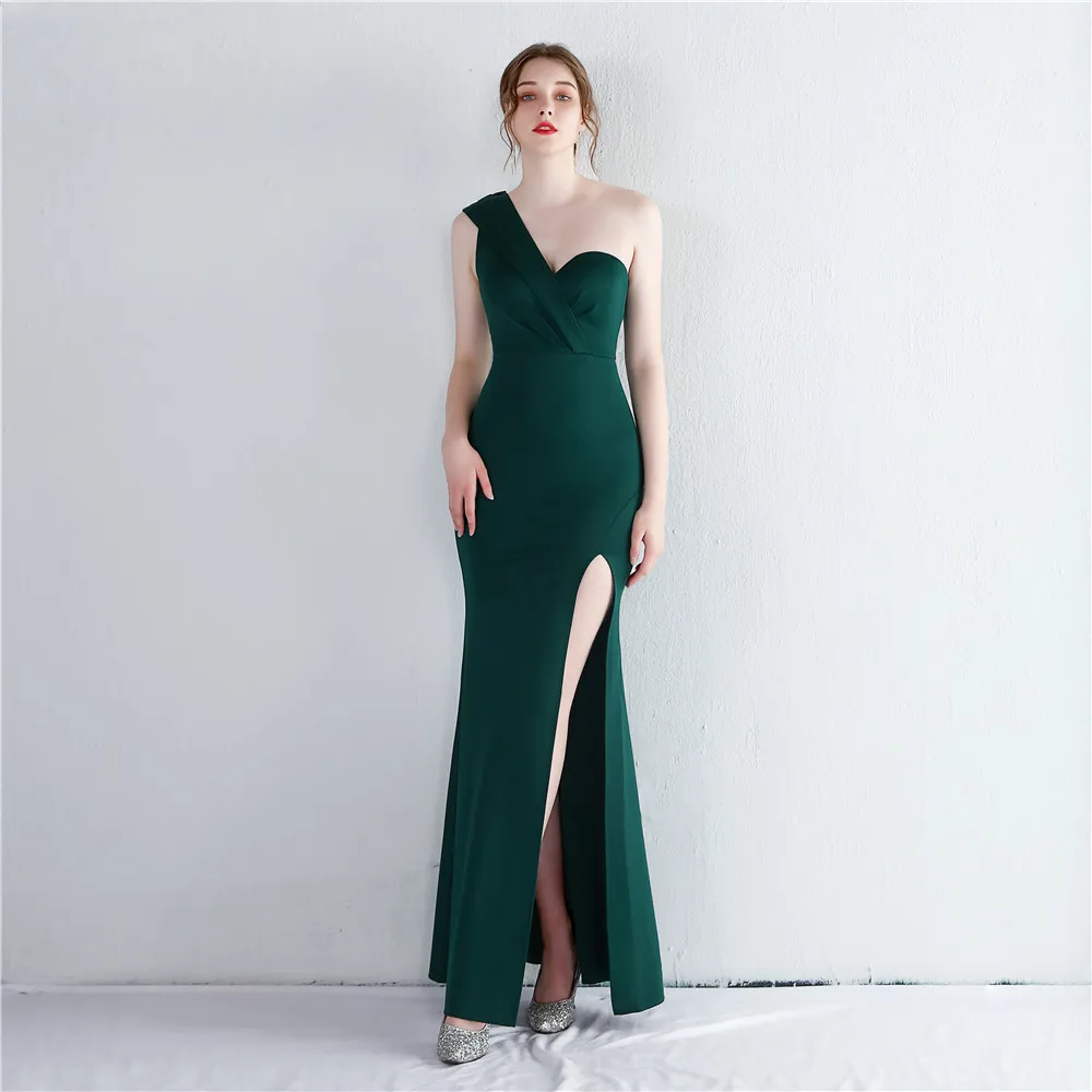 

New Satin Slim One Shoulder Long Celebrity Dinner Show Thin Fishtail Skirt Wedding Car Model Exhibition Dress Evening Dresses