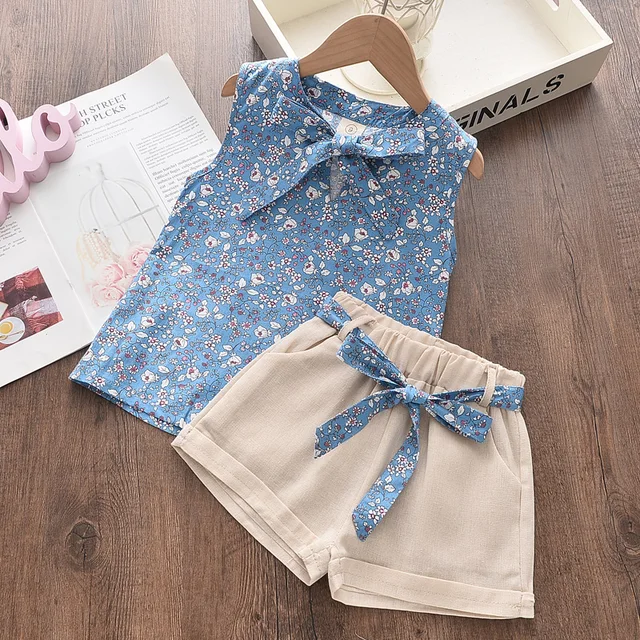Bear Leader Girls Clothing Sets 2022 Summer Kids Clothes Floral Chiffon Halter+Embroidered Shorts Straw Children Clothing AX1134 Blue