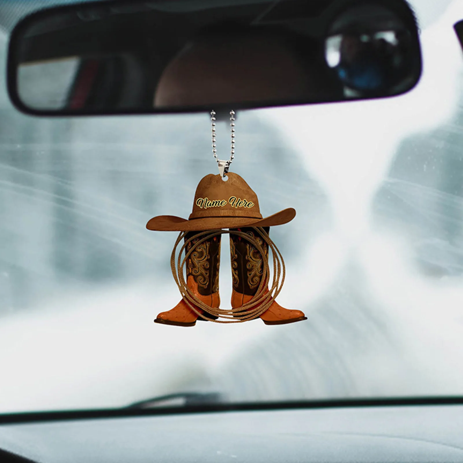 Pendentif De Rétroviseur Cowboy (Bottes & Chapeau) - Décoration Voiture Acrylique Drôle, Cadeau Personnalisé