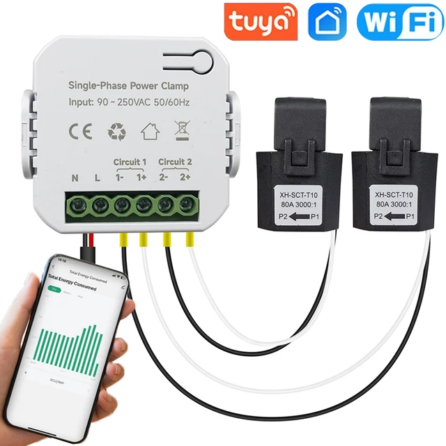 Tuya Smart Life Medidor de energía Wifi bilateral 80A con abrazadera Ct Kwh  Monitor de consumo de electricidad