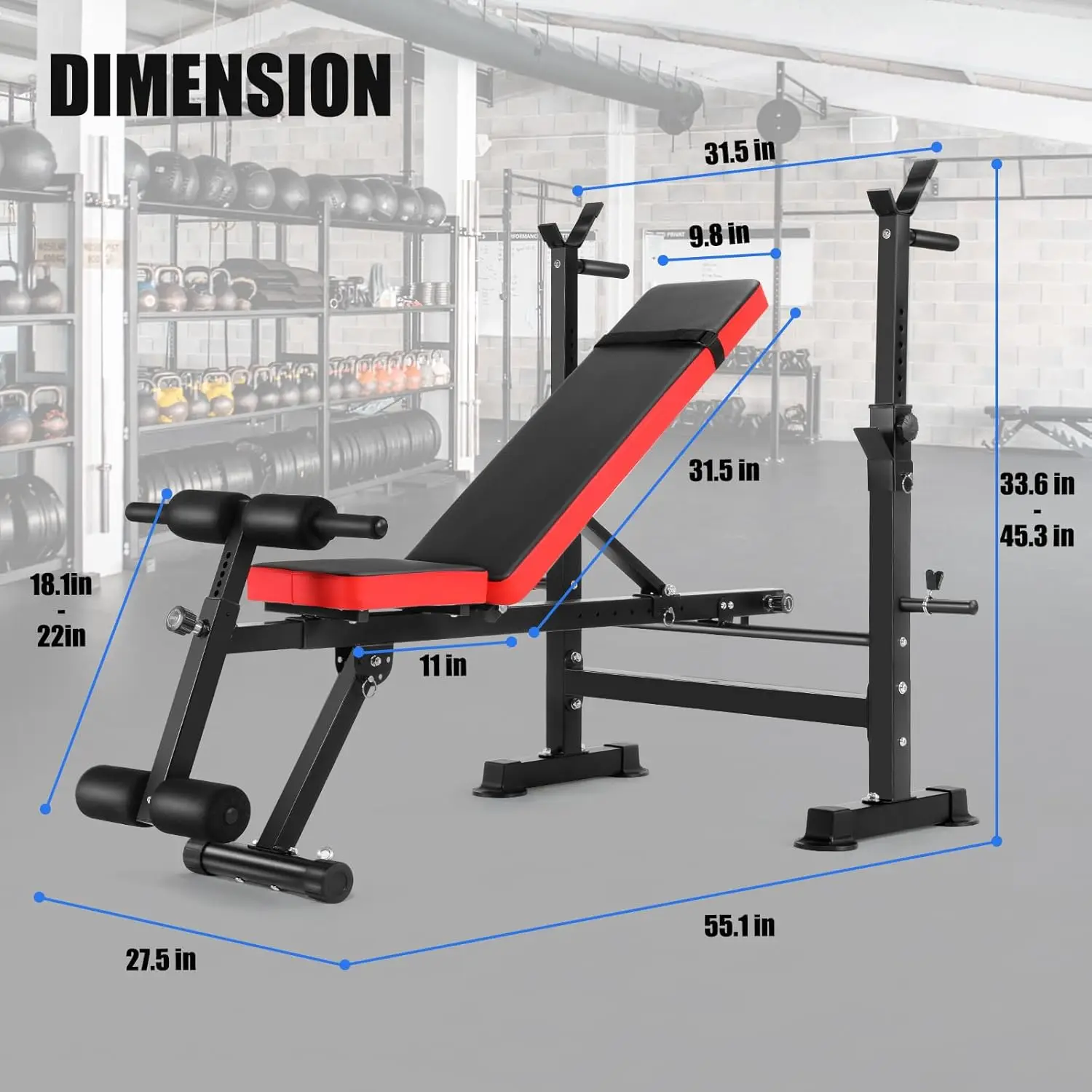 6 in 1 Adjustable Weight Bench with Squat Rack and Removable Foot Bracket, 600lbs Bench Press Set Workout with Weight Stor