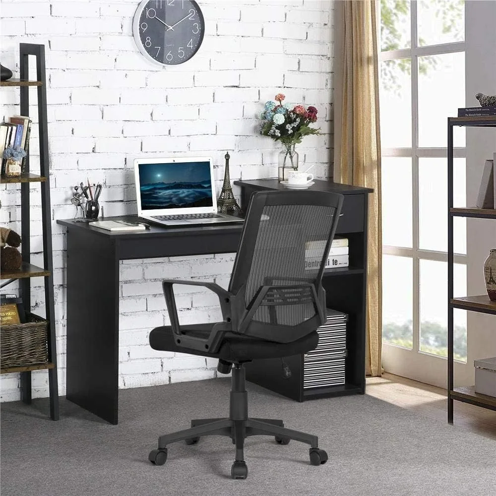 Home Office Modern Desk and Chair Set Computer Desk w/Drawer & Shelves with Ergonomic Mesh Height Adjustable Office Chair 4