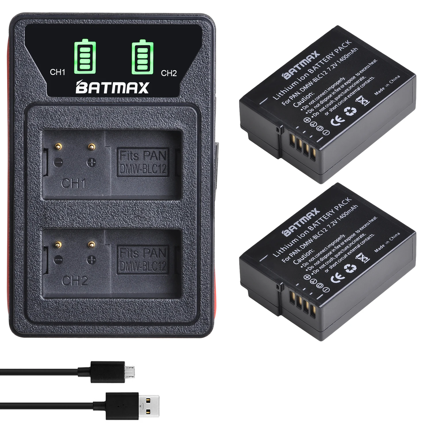Batteria Dmw Blc12 + Caricatore Doppio Usb Led Con Porta Di Tipo C Per Panasonic Lumix Fz1000,Fz200,Fz300,G5,G6,G7,Gh2,Gx8