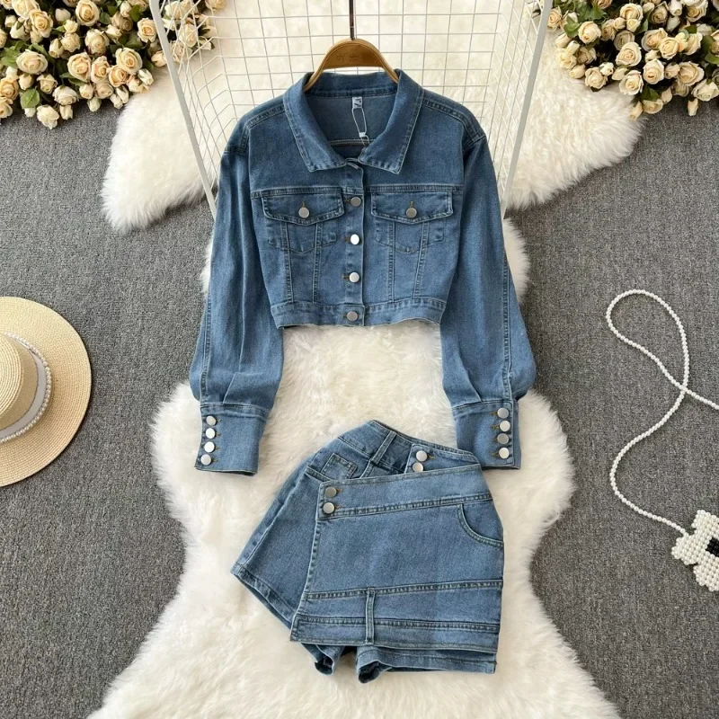 

Turn Down Collar Single-breasted Loose Top Suit+high Waist Slim Chic Jeans Skirt Shorts Outfits Grunge Denim Set Women 2 Pieces