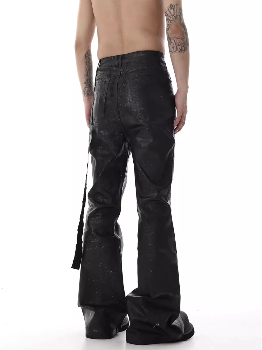REDDACHIC Black Wax Coated Flare Jeans Men Stretchy Fitted Matte 