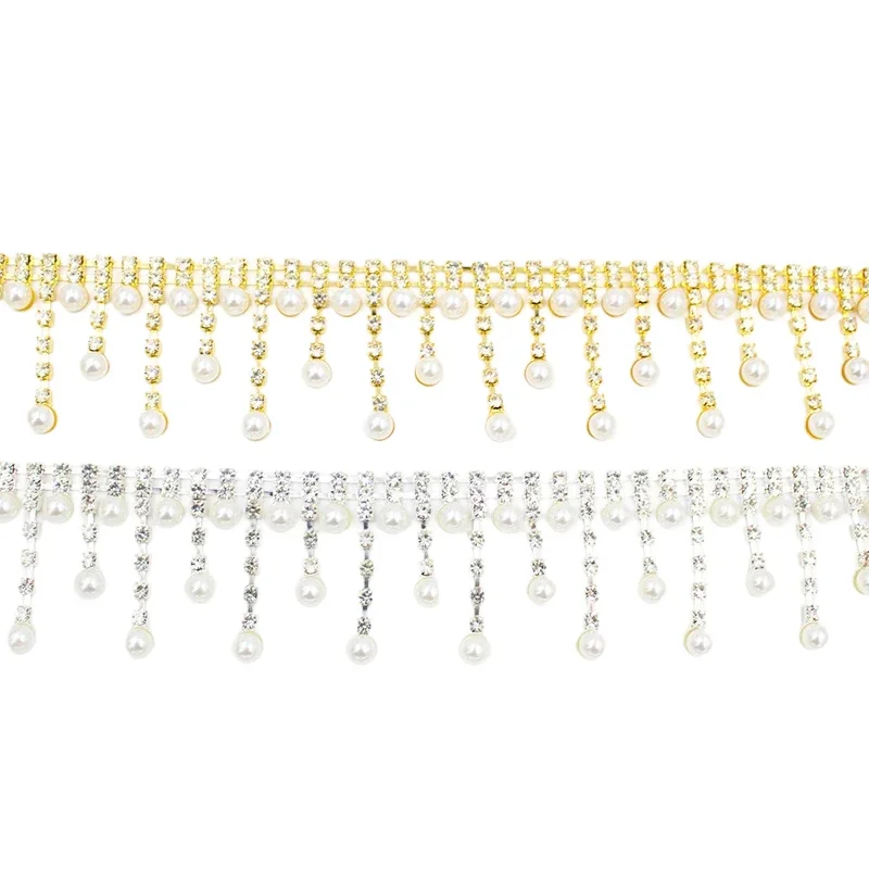 1yard Pearl Tassel Crystal Metal Trim Bridal Wedding Dress DIY Decoration Welding Rhinestone Fringe Sew on Clothing Shoes Bag