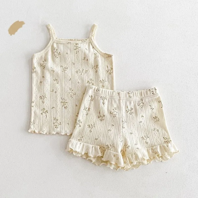 Fashion Baby Girl Cotton Floral Print Clothes Set Strap Vest + Shorts kids clothing set girls clothing set 2PCS Infant Toddler Child Summer Homesuit Baby Clothes 1-10Y