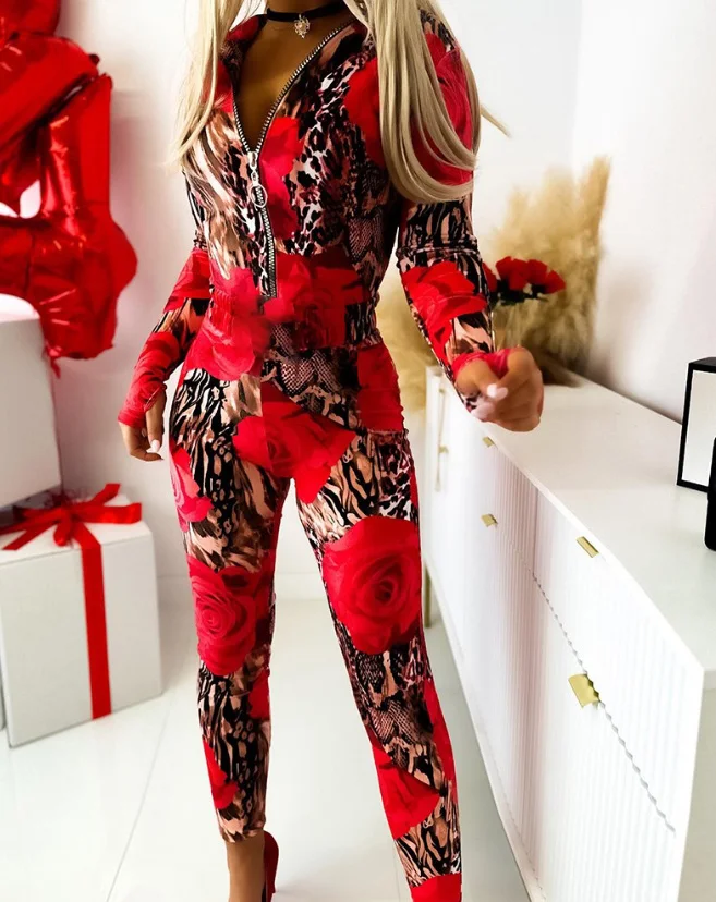 Women's Jumpsuit Trendy Street Leopard Floral Print Zipper Design Long Sleeved Hooded Jumpsuit Temperament Skinny Long Jumpsuit