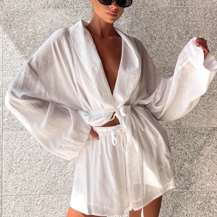White Lace-Up 2 Piece-Set Shorts For Women Casual Loose Bandage Cardigan Coat And High Waist Shorts Sets Female Outfits