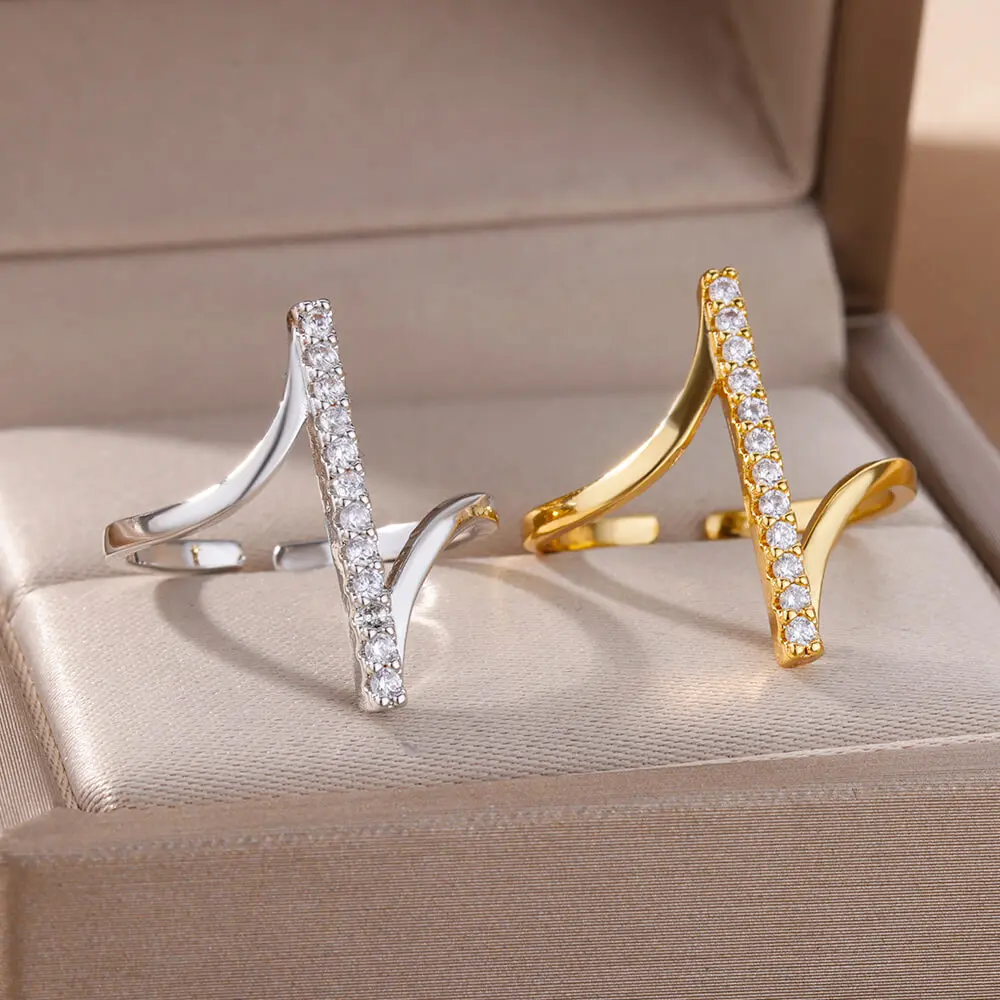 Anelli geometrici con zirconi per le donne Anello di apertura in acciaio inossidabile color oro Anello di apertura di lusso per la festa nuziale Regalo estetico Jewerly Femme 2024 - immagine 6