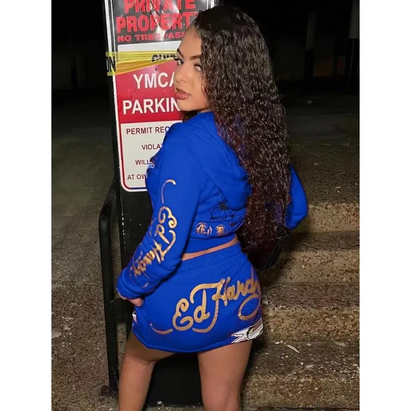 Fashion Printed Women Two Piece Set Outfits Sleeve Zipper Hoodies Crop Top Wrapped Hip Drawstring Short Skirt Casual Tracksuit