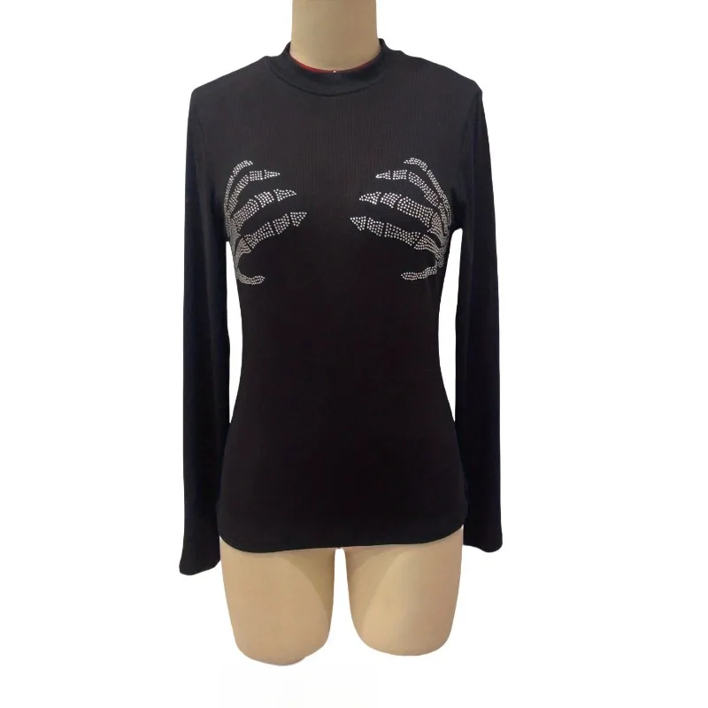 New Fashion Semi-turtleneck Hot Diamond Long-sleeved Blouse Street Solid Color Spring and Autumn Women's Casual Slim Fitting Top