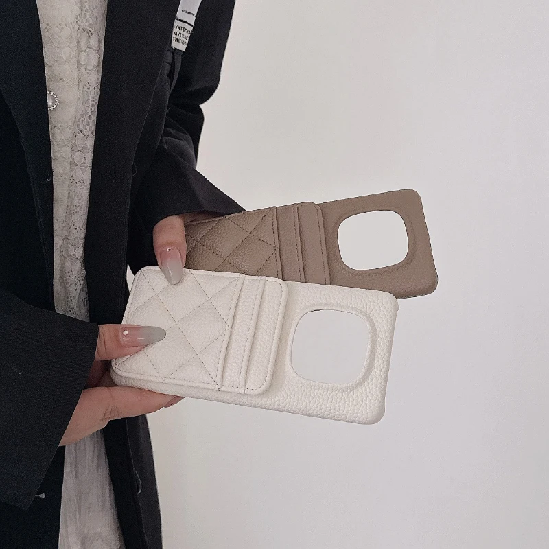 Lingge Leather Card Slot Wallet Phone Case - Solid Color Design