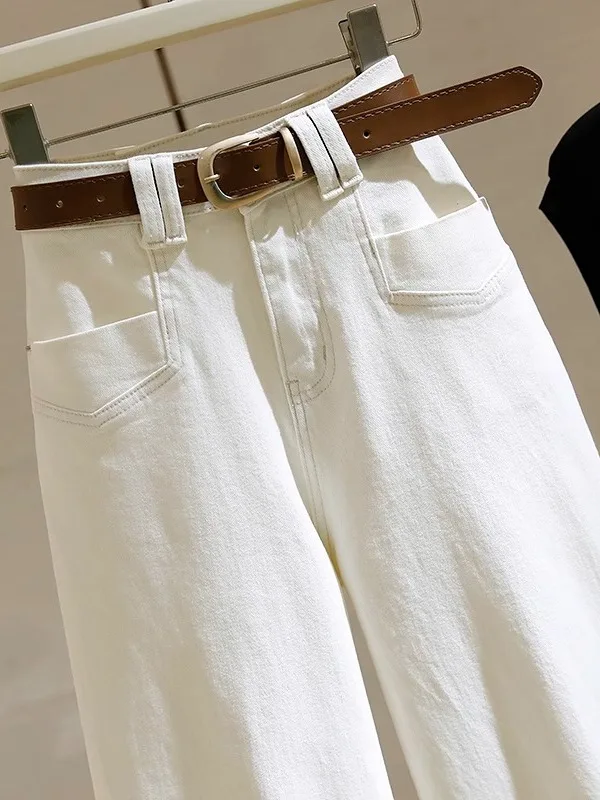 High Waist Bell Bot Jeans Women's White Loose Floor Length Trousers Spring Autumn New Sle American Sle plus Size