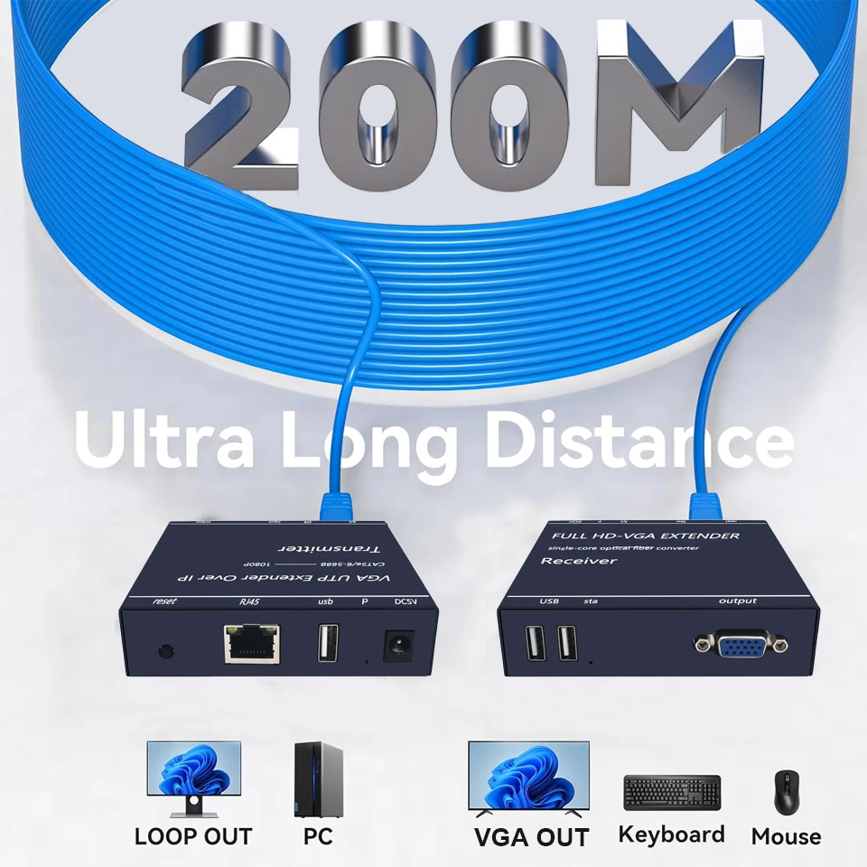 200m IP Network VGA KVM Extender RJ45 VGA Extender USB Over Cat5 Cat5e Cat6 Cabl
