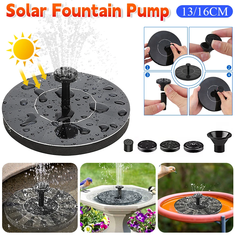 Solar Fountain Pump Garden Pool Pond Bird Bath Outdoor Water Pump 13/16cm 6 Nozzles